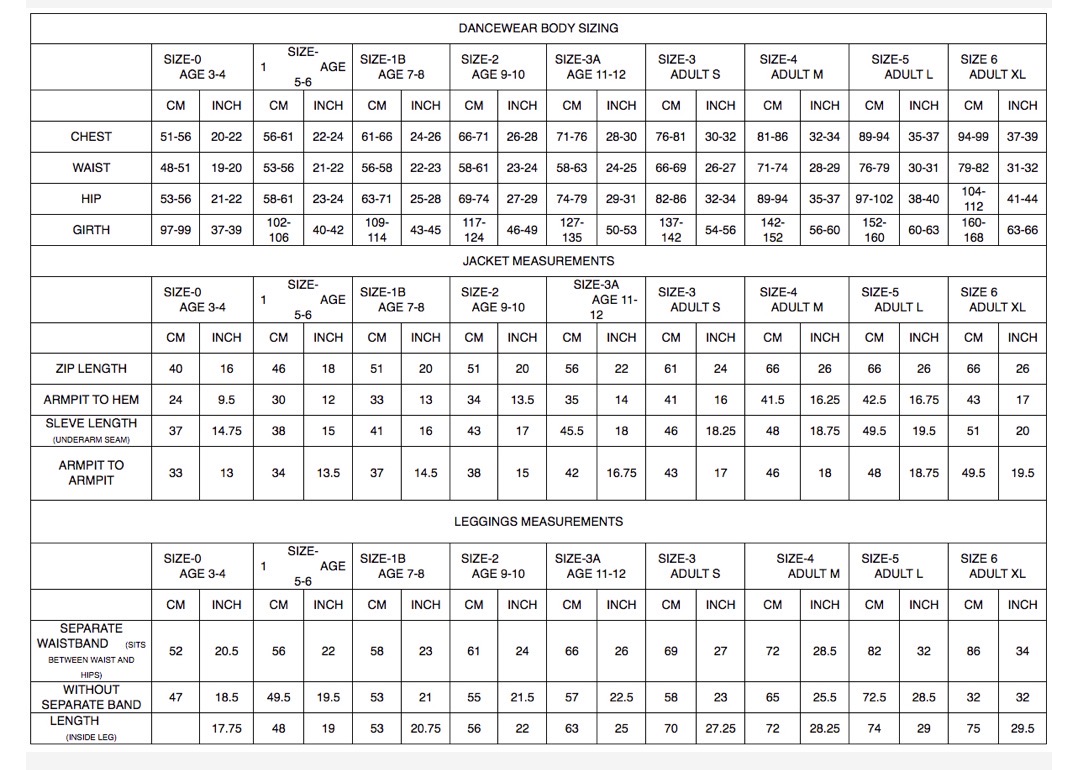 Dainty Dance size chart